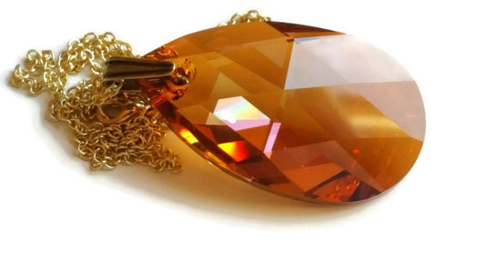 Copper Crystal Teardrop Pendant Necklace - Faceted Austrian Crystal