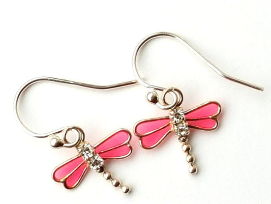 Sterling Silver Pink Dragonfly Earrings - Rhinestone Crystal Wings
