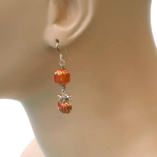 Halloween Pumpkin Drop Earrings - Czech Glass & Gold-Filled