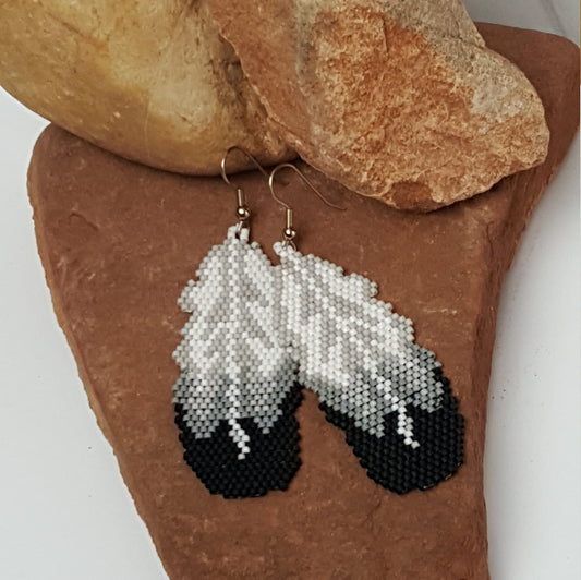 Beaded Feather Earrings - Seed Bead Dangle Earrings