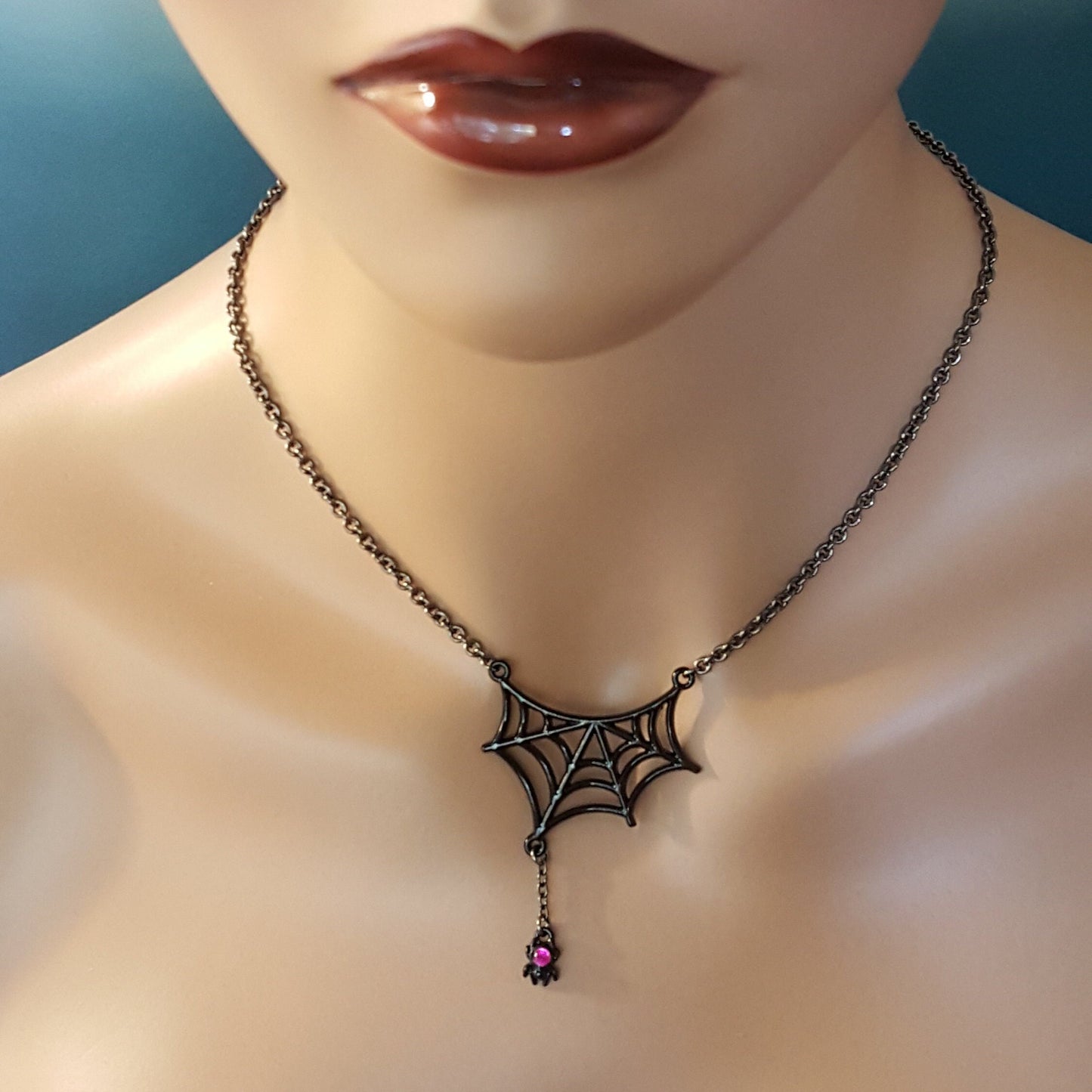 Gothic Spider Web Pendant - Pink Crystal Spider, Gunmetal Necklace