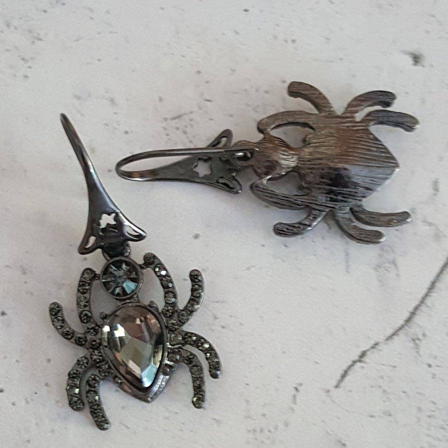 Crystal Spider Dangle Earrings - Gunmetal Goth Halloween Jewelry