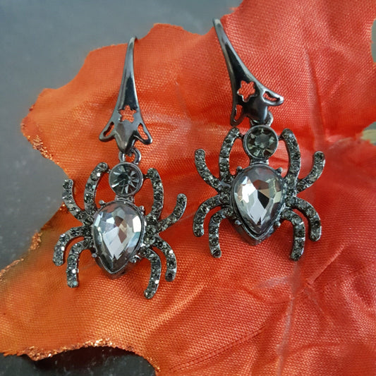 Crystal Spider Dangle Earrings - Gunmetal Goth Halloween Jewelry