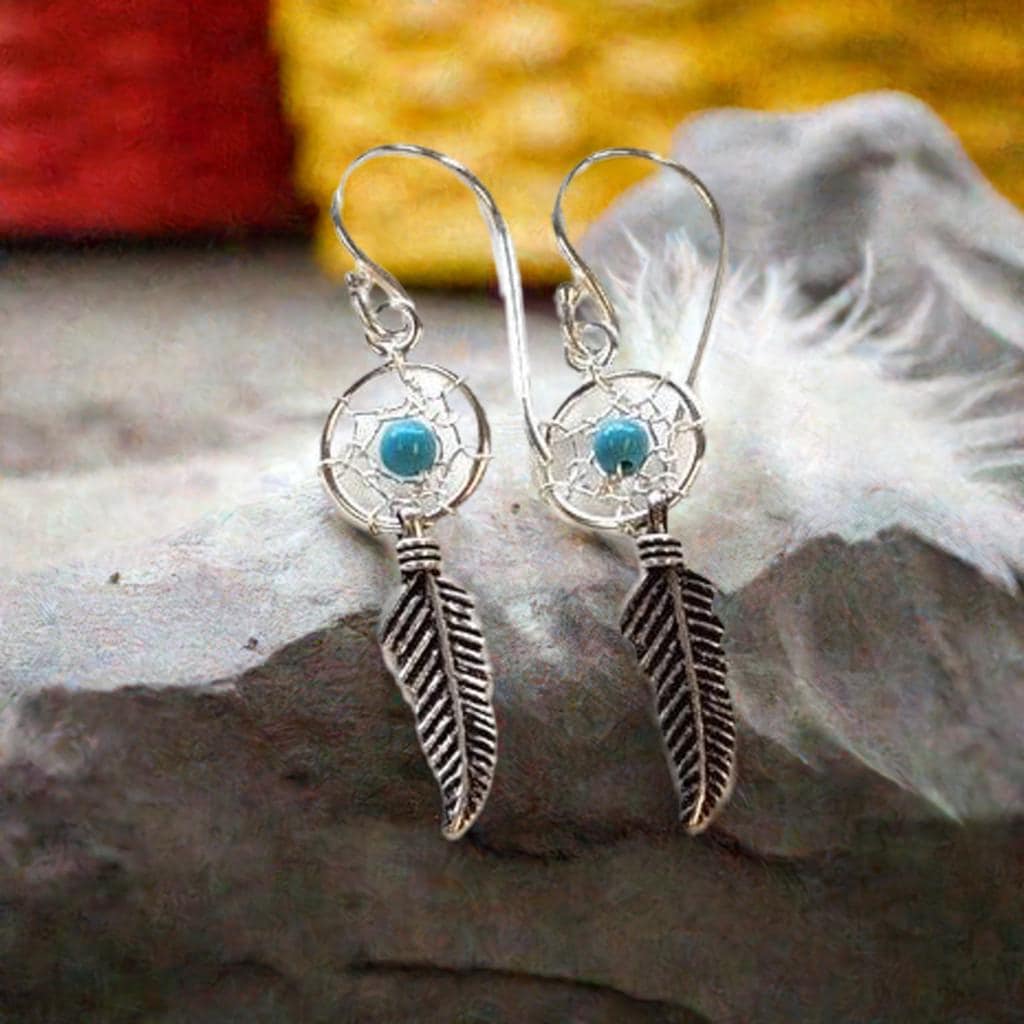 Sterling Silver Dreamcatcher Earrings - Turquoise Feather Dangles