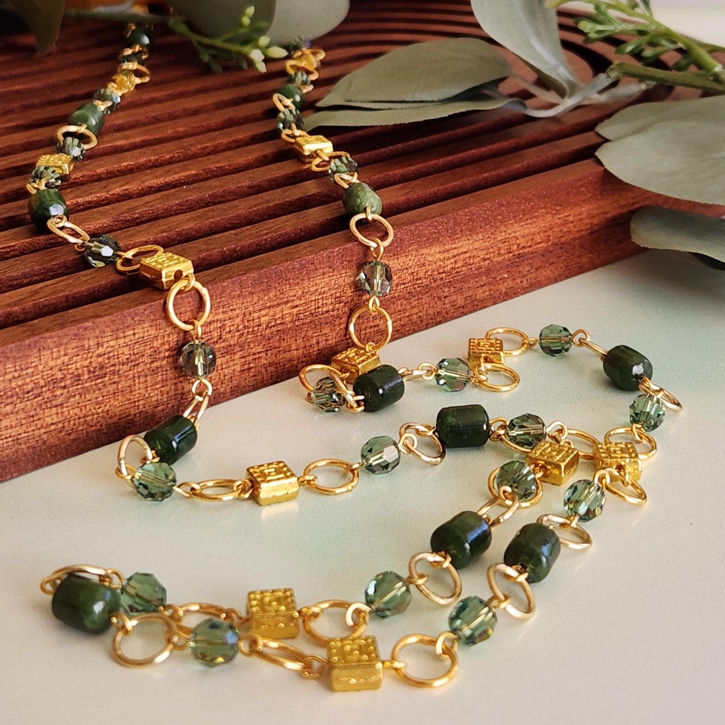 Jade Necklace - Long Gemstone Chain with Gold & Crystal Accents