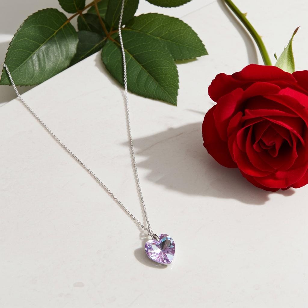 Crystal Heart Pendant - Sterling Silver Necklace, Valentine's Gift