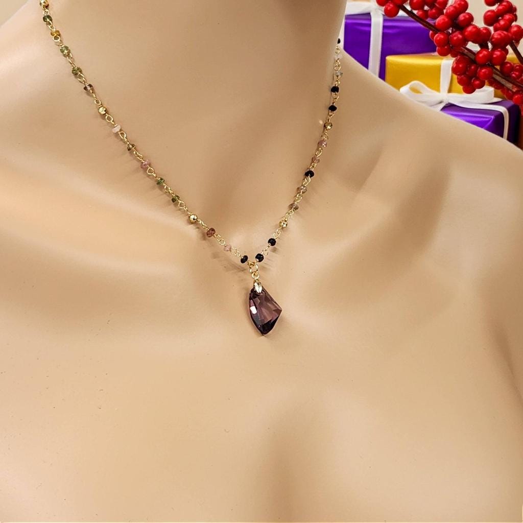 Gold Tourmaline Necklace - Austrian Crystal Gemstone Pendant