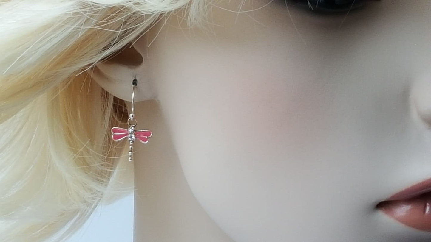 Sterling Silver Pink Dragonfly Earrings - Rhinestone Crystal Wings