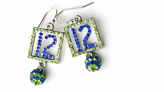 Seahawks 12 Fan Earrings, Seahawks Jewelry, Seahawks Earrings, Seahawks Bling, Blue Friday, 12th Man, 12th Woman, Seahawk Earrings - Bling
