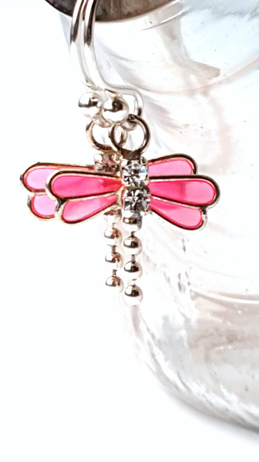 Sterling Silver Pink Dragonfly Earrings - Rhinestone Crystal Wings