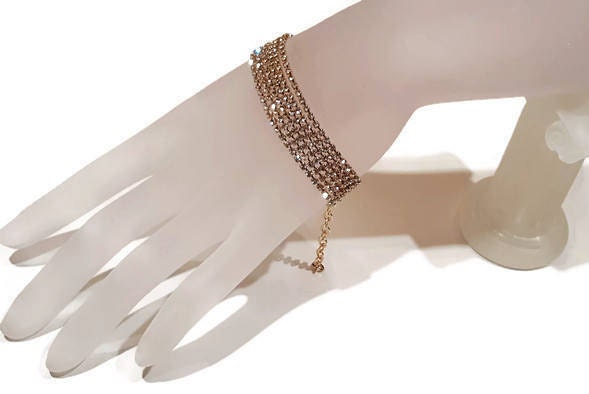 Gold Rhinestone Multi-Strand Bracelet - Vintage Crystal Glamour