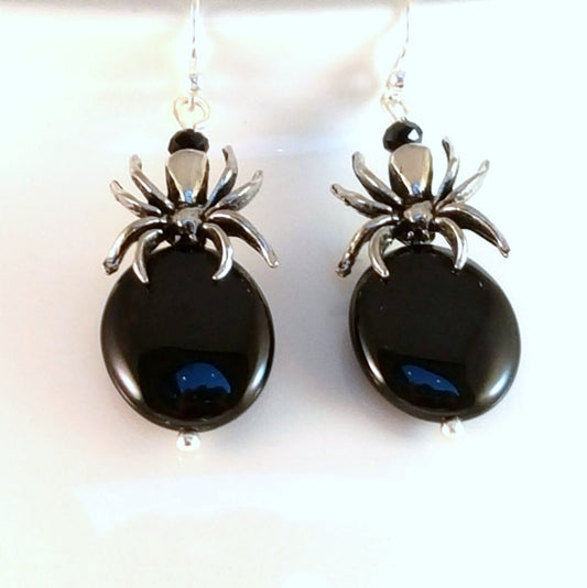 Black Agate Spider Earrings - Sterling Silver Halloween Goth Jewelry