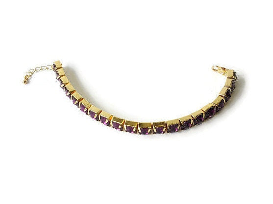 Amethyst Crystal Rhinestone Bracelet - Gold Link Bracelet