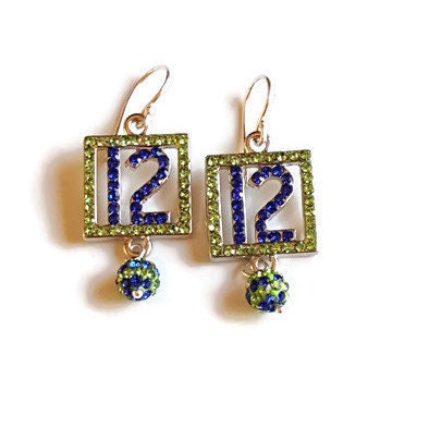 Seahawks 12 Fan Earrings - Sapphire & Peridot Crystal Jewelry