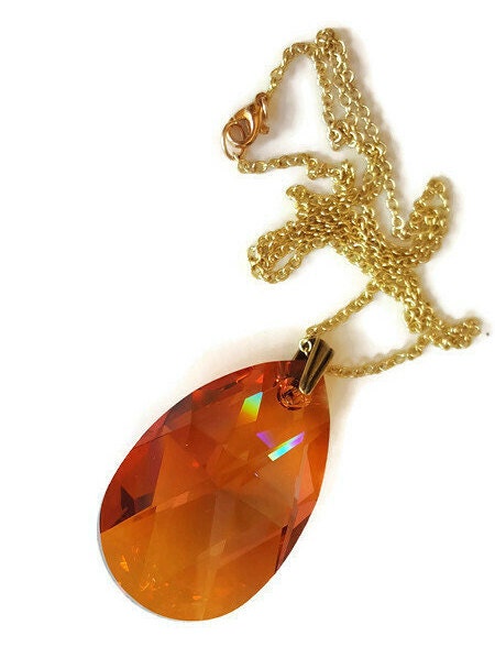 Copper Crystal Teardrop Pendant Necklace - Faceted Austrian Crystal