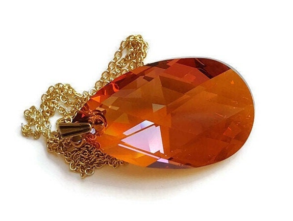 Copper Crystal Teardrop Pendant Necklace - Faceted Austrian Crystal