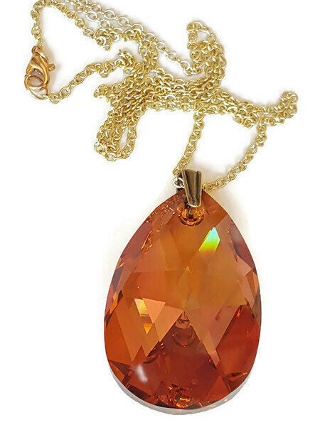 Copper Crystal Teardrop Pendant Necklace - Faceted Austrian Crystal