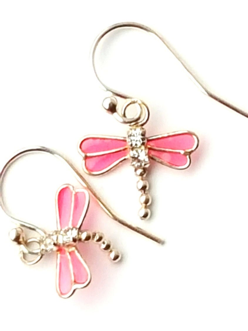 Sterling Silver Pink Dragonfly Earrings - Rhinestone Crystal Wings