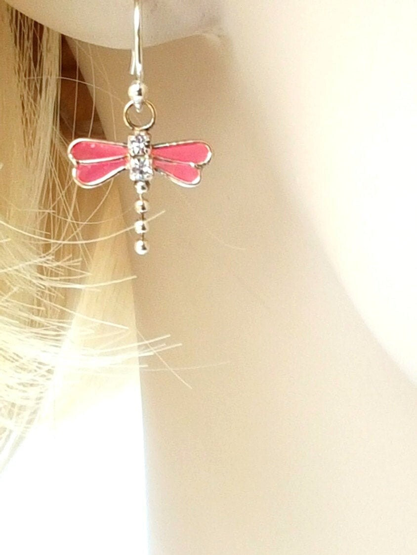 Sterling Silver Pink Dragonfly Earrings - Rhinestone Crystal Wings