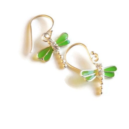 Dainty Green Dragonfly Earrings - Sterling Silver Crystal Charms