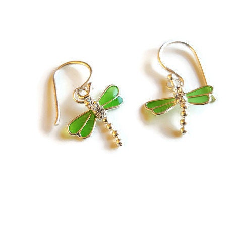 Dainty Green Dragonfly Earrings - Sterling Silver Crystal Charms