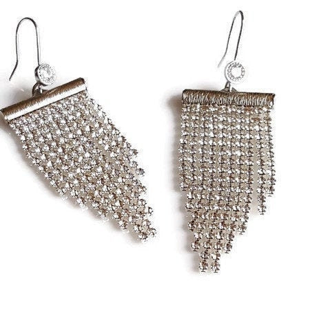 Rhinestone Waterfall Earrings - Long Silver Plated Crystal Dangles