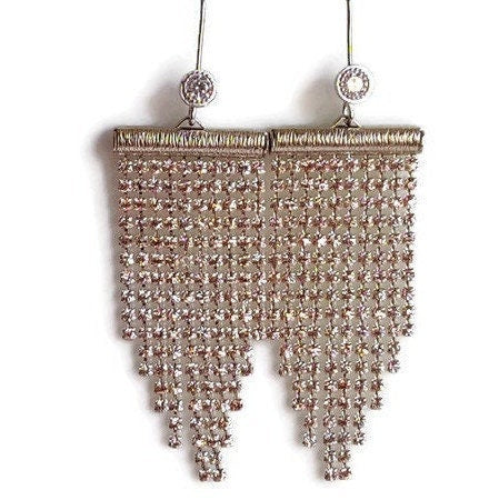 Rhinestone Waterfall Earrings - Long Silver Plated Crystal Dangles
