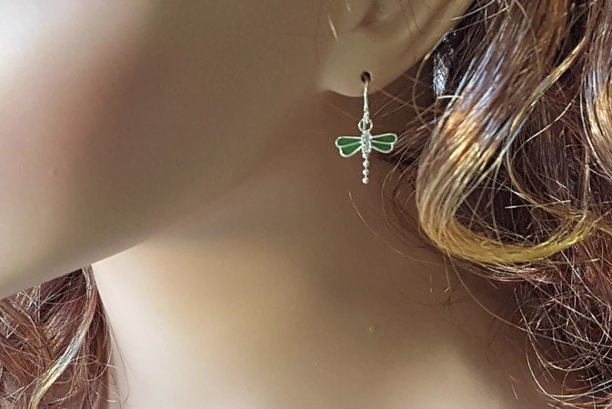 Dainty Green Dragonfly Earrings - Sterling Silver Crystal Charms