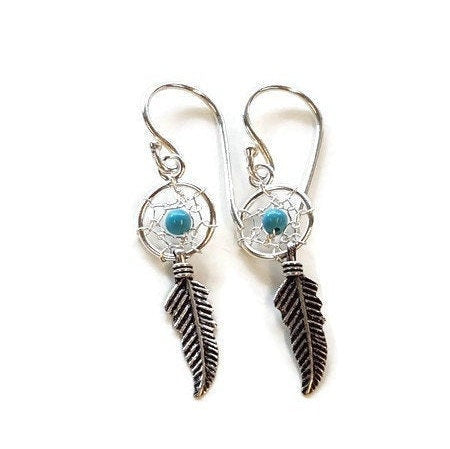 Sterling Silver Dreamcatcher Earrings - Turquoise Feather Dangles