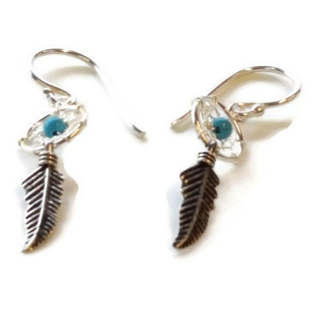 Dreamcatcher Earrings - Turquoise Earrings - Sterling Silver Earrings - Feather Earrings - Tiny Dreamcatcher Earrings - Silver Earrings
