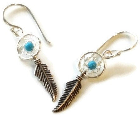 Dreamcatcher Earrings - Turquoise Earrings - Sterling Silver Earrings - Feather Earrings - Tiny Dreamcatcher Earrings - Silver Earrings