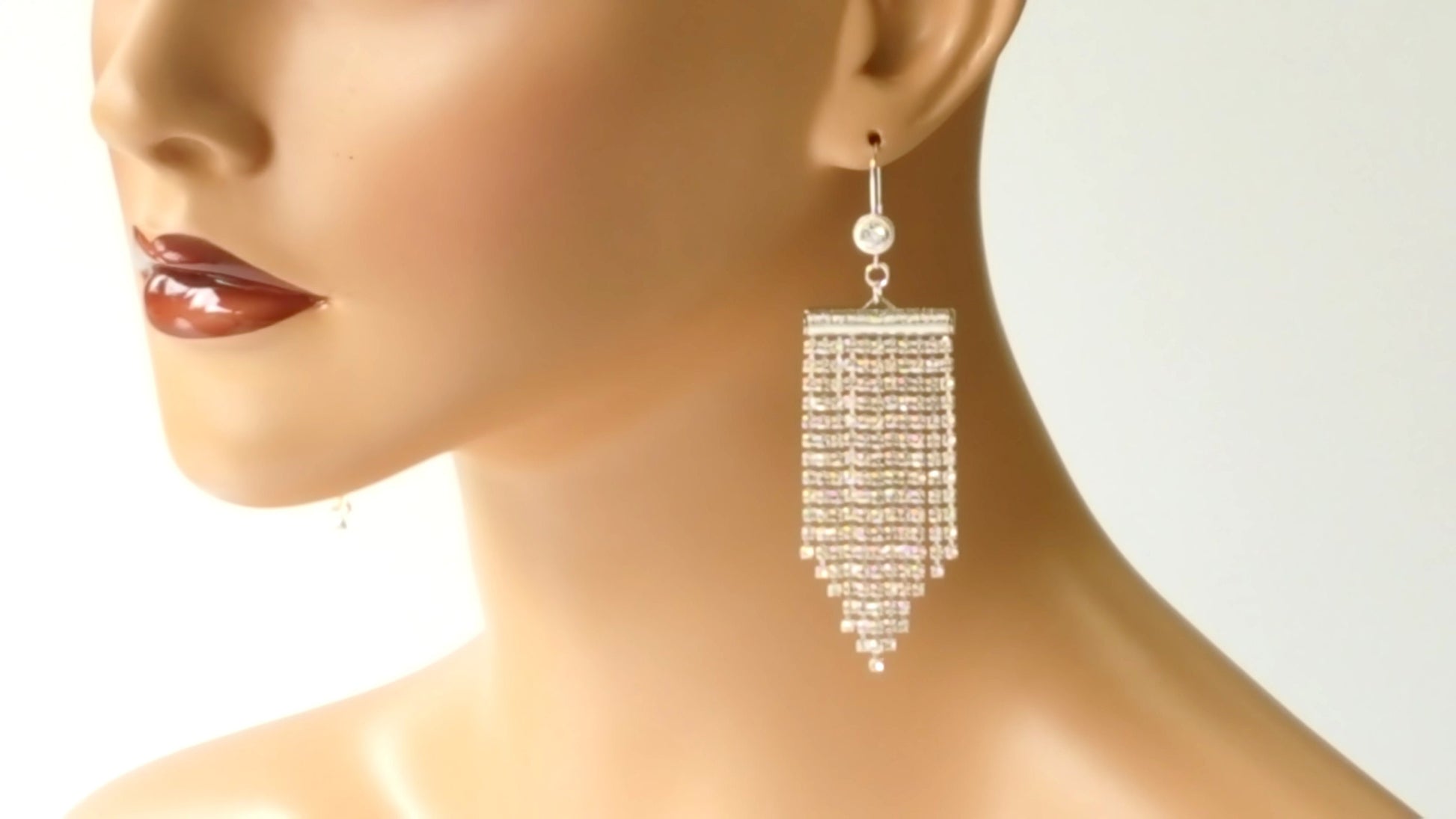 Rhinestone Waterfall Earrings - Long Silver Plated Crystal Dangles