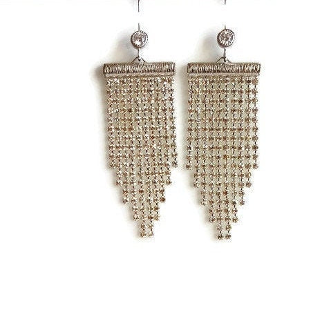 Rhinestone Waterfall Earrings - Long Silver Plated Crystal Dangles
