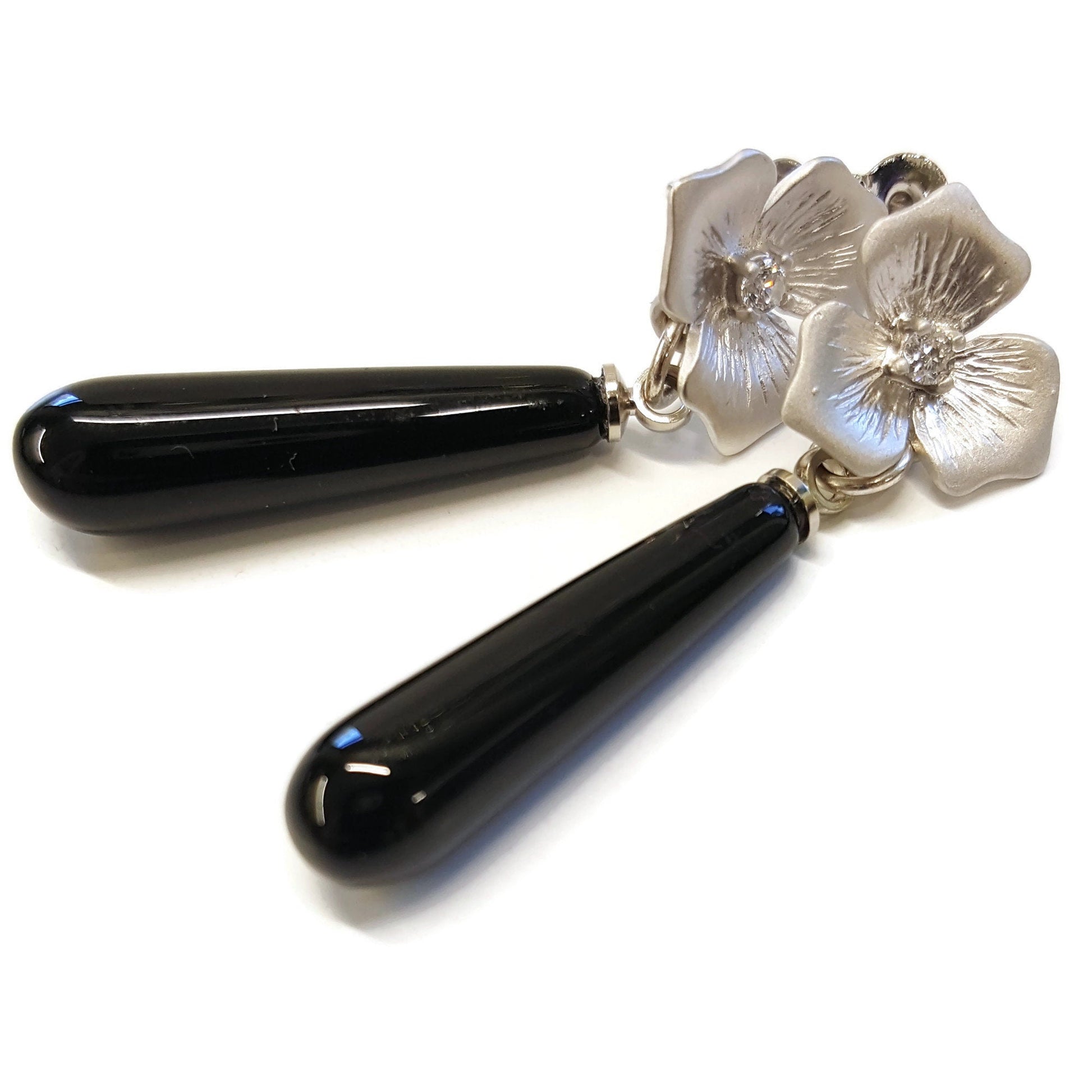 Black Onyx Teardrop Earrings - Sterling Silver Rhinestone Flower