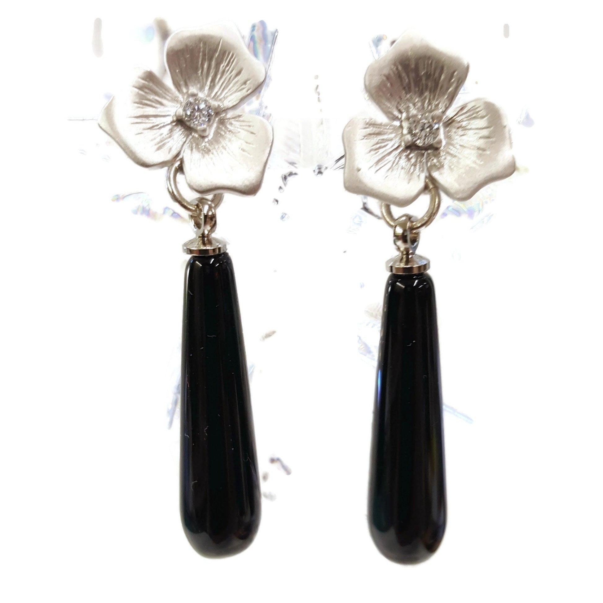 Black Onyx Teardrop Earrings - Sterling Silver Rhinestone Flower