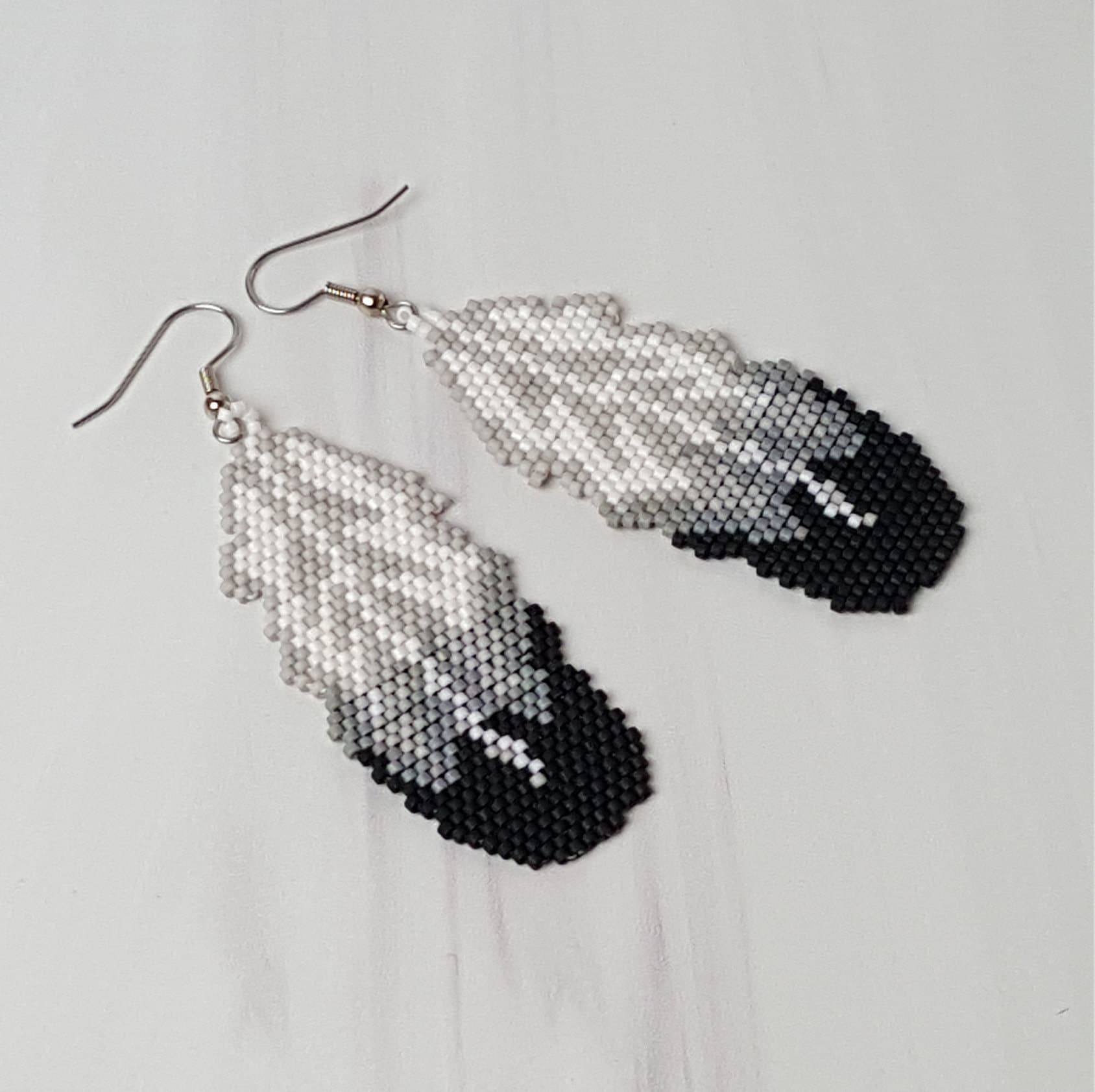 Beaded Feather Earrings - Seed Bead Dangle Earrings