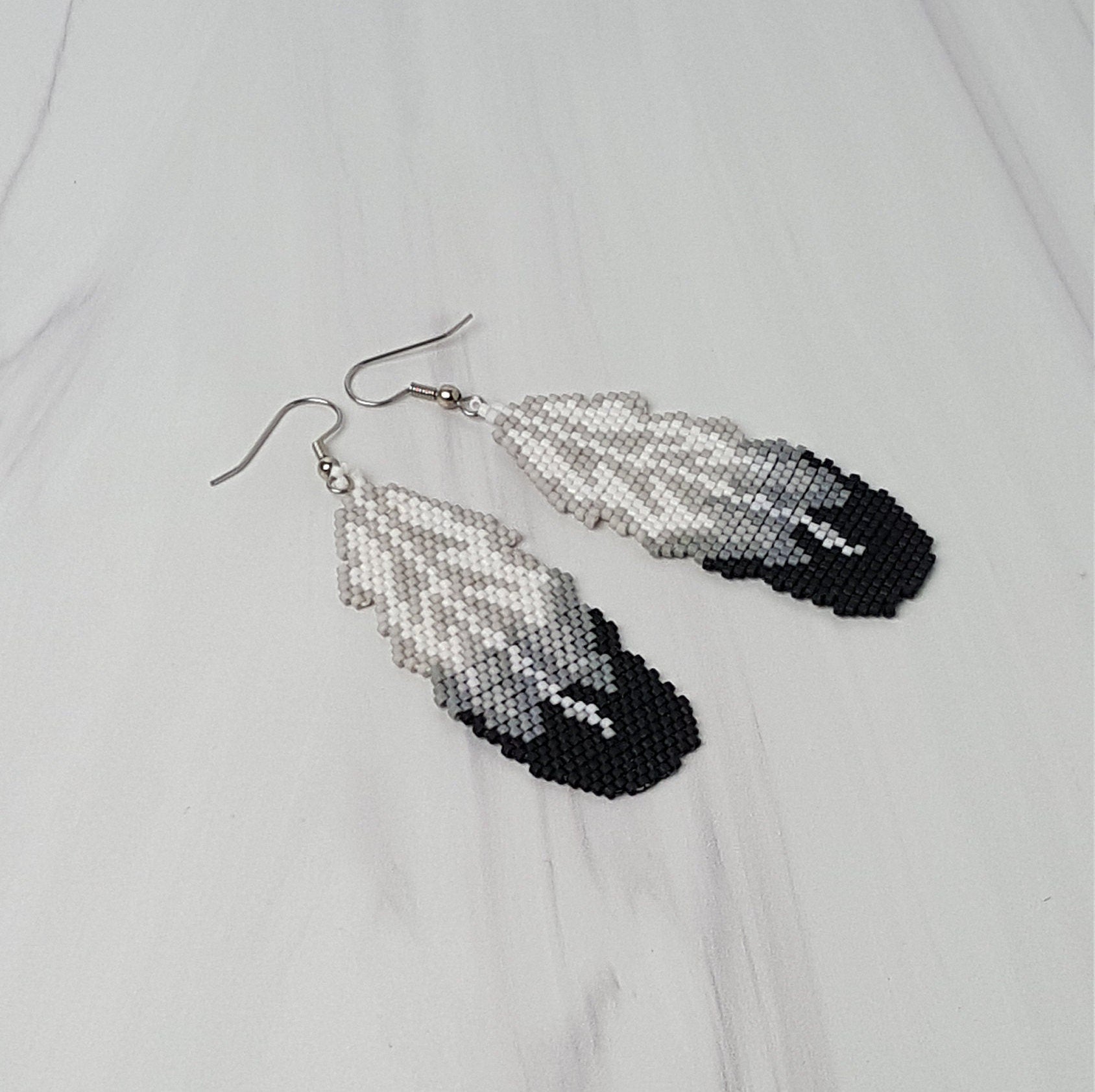 Beaded Feather Earrings - Seed Bead Dangle Earrings