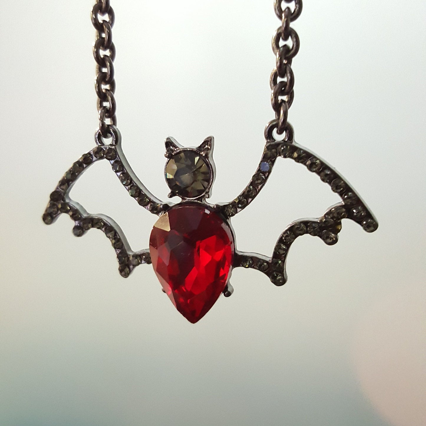 Crystal Bat Pendant - Gothic Halloween Necklace, Gunmetal Chain