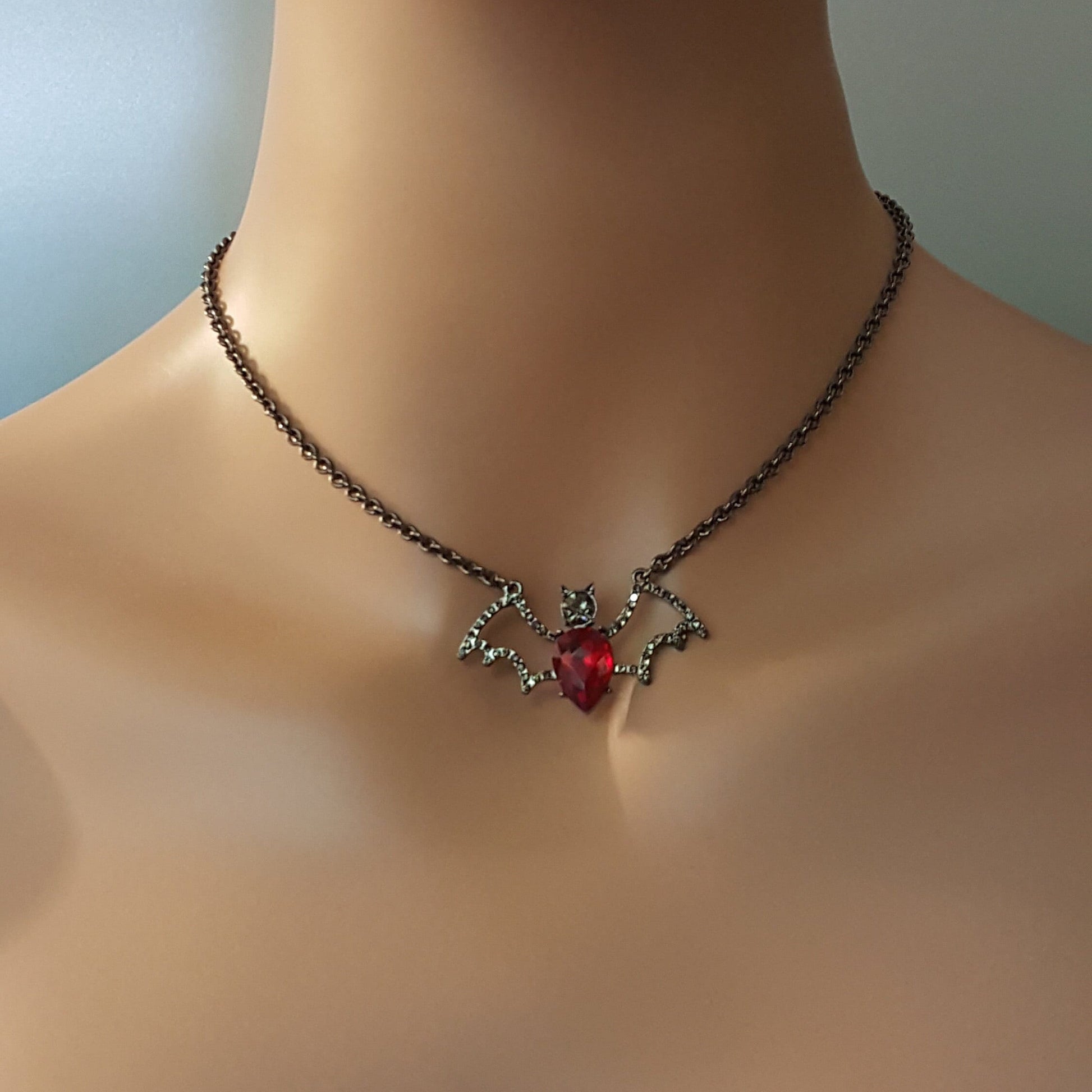 Crystal Bat Pendant - Gothic Halloween Necklace, Gunmetal Chain
