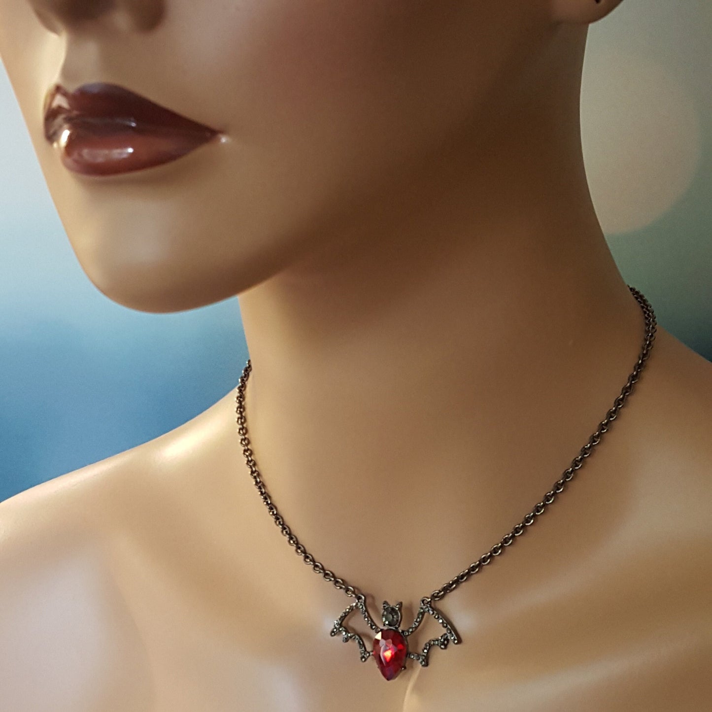 Crystal Bat Pendant - Gothic Halloween Necklace, Gunmetal Chain