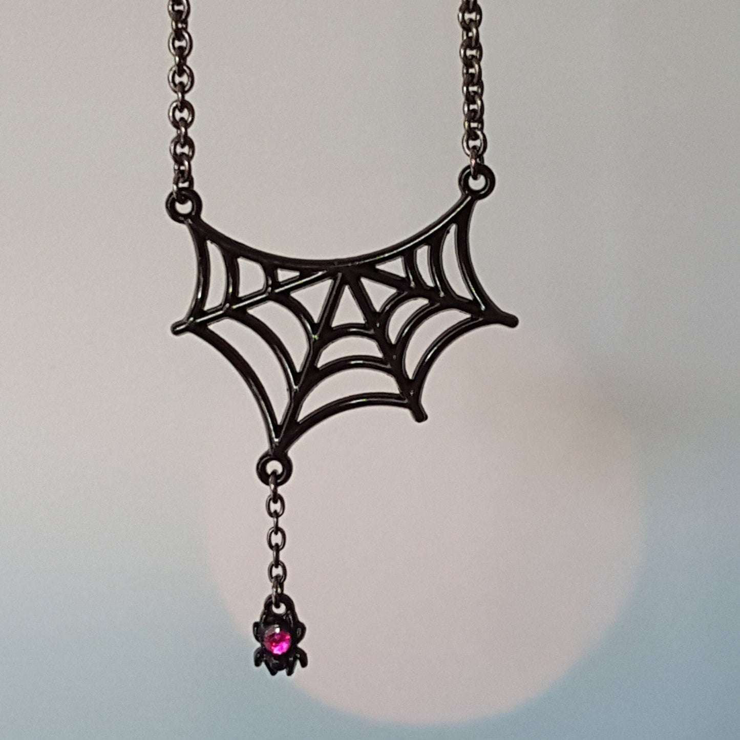 Gothic Spider Web Pendant - Pink Crystal Spider, Gunmetal Necklace