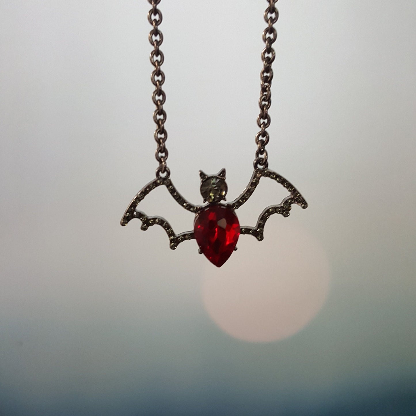 Crystal Bat Pendant - Gothic Halloween Necklace, Gunmetal Chain