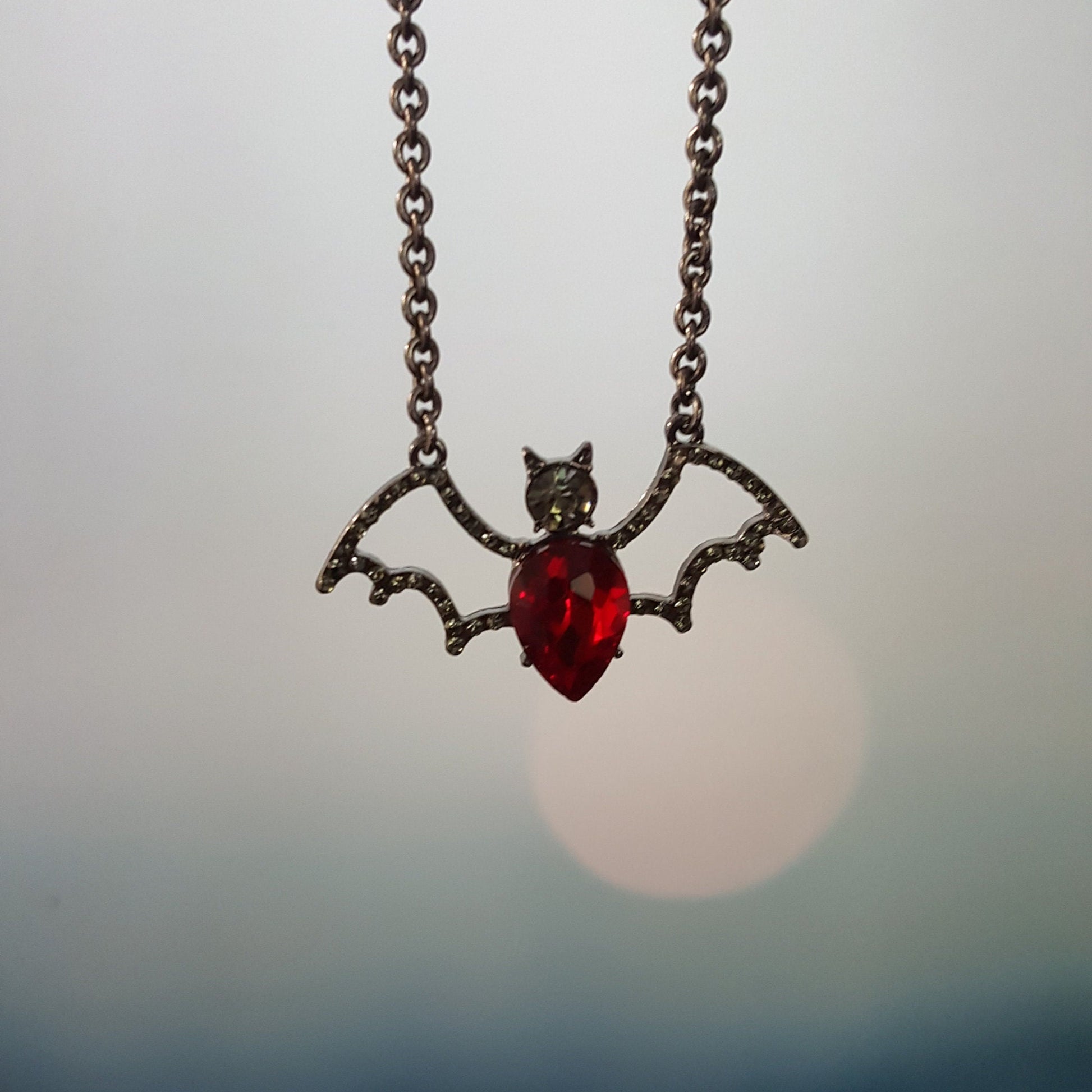 Crystal Bat Pendant - Gothic Halloween Necklace, Gunmetal Chain