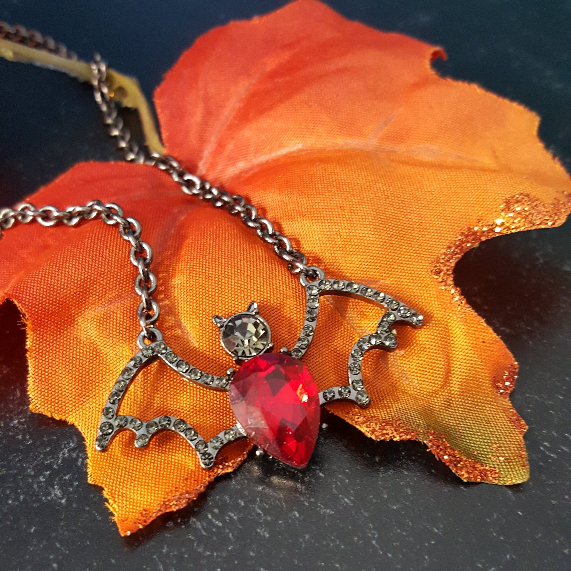 Crystal Bat Pendant - Gothic Halloween Necklace, Gunmetal Chain