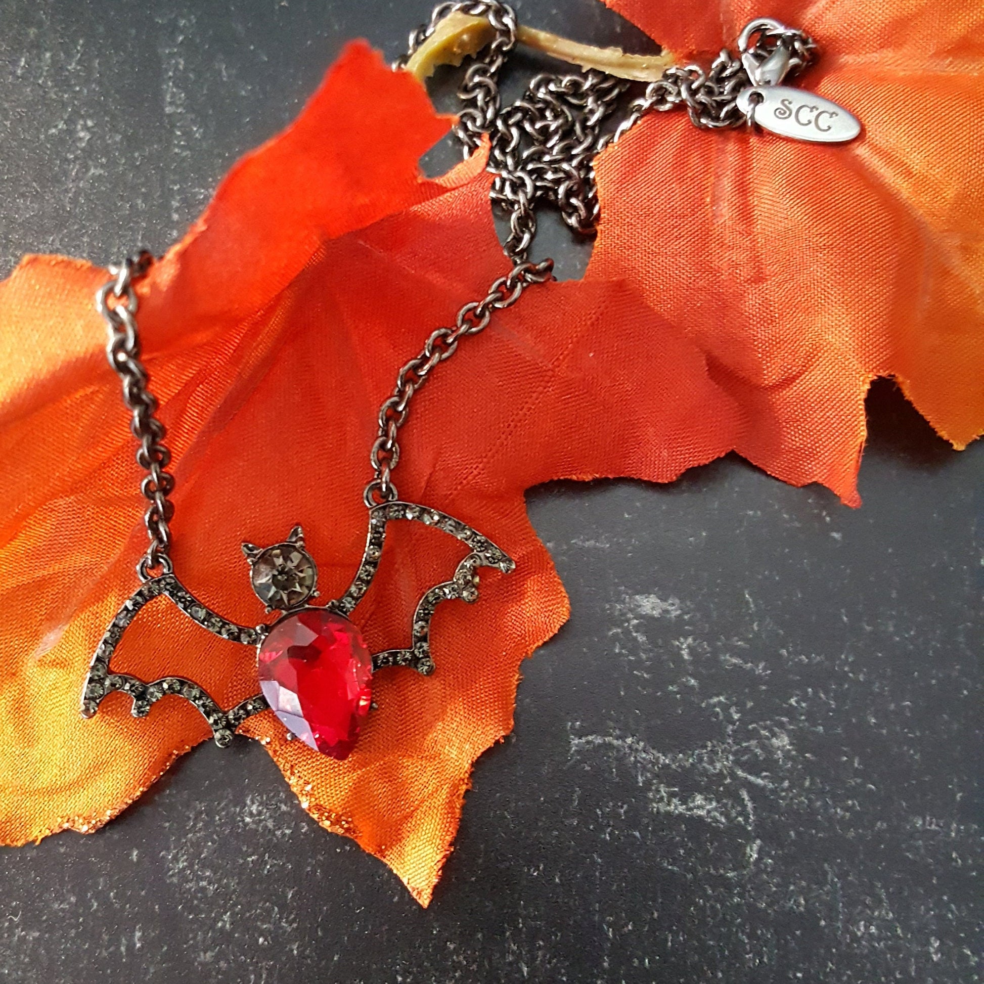 Crystal Bat Pendant - Gothic Halloween Necklace, Gunmetal Chain
