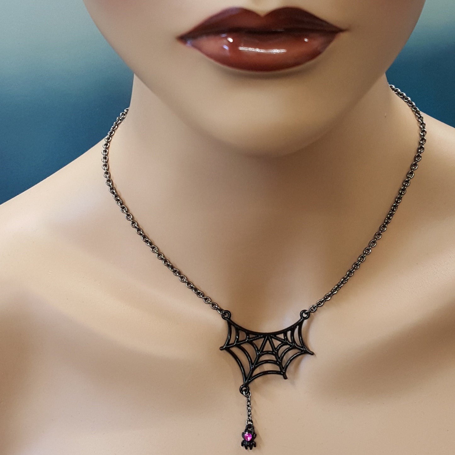 Gothic Spider Web Pendant - Pink Crystal Spider, Gunmetal Necklace
