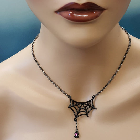 Gothic Spider Web Pendant - Pink Crystal Spider, Gunmetal Necklace