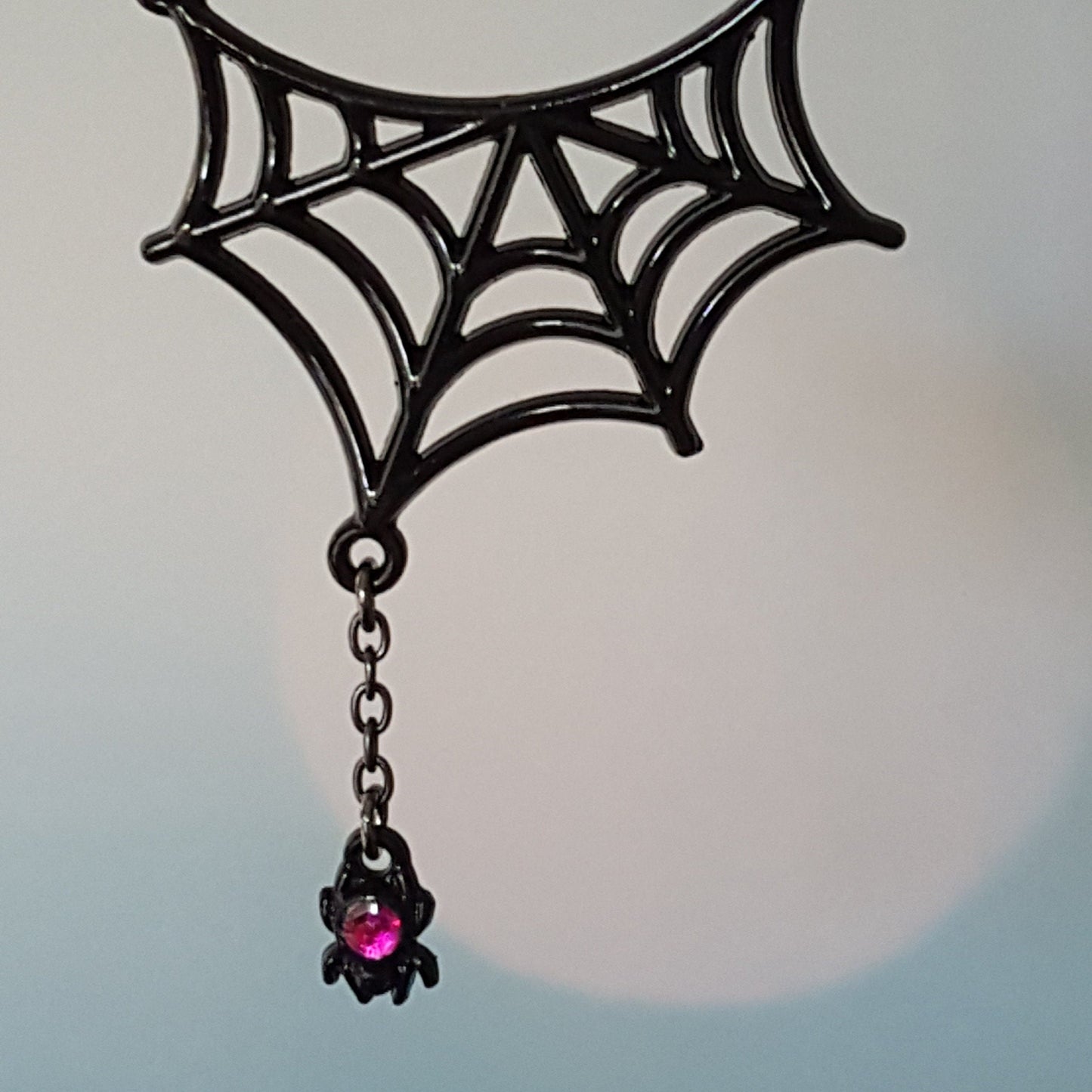 Gothic Spider Web Pendant - Pink Crystal Spider, Gunmetal Necklace