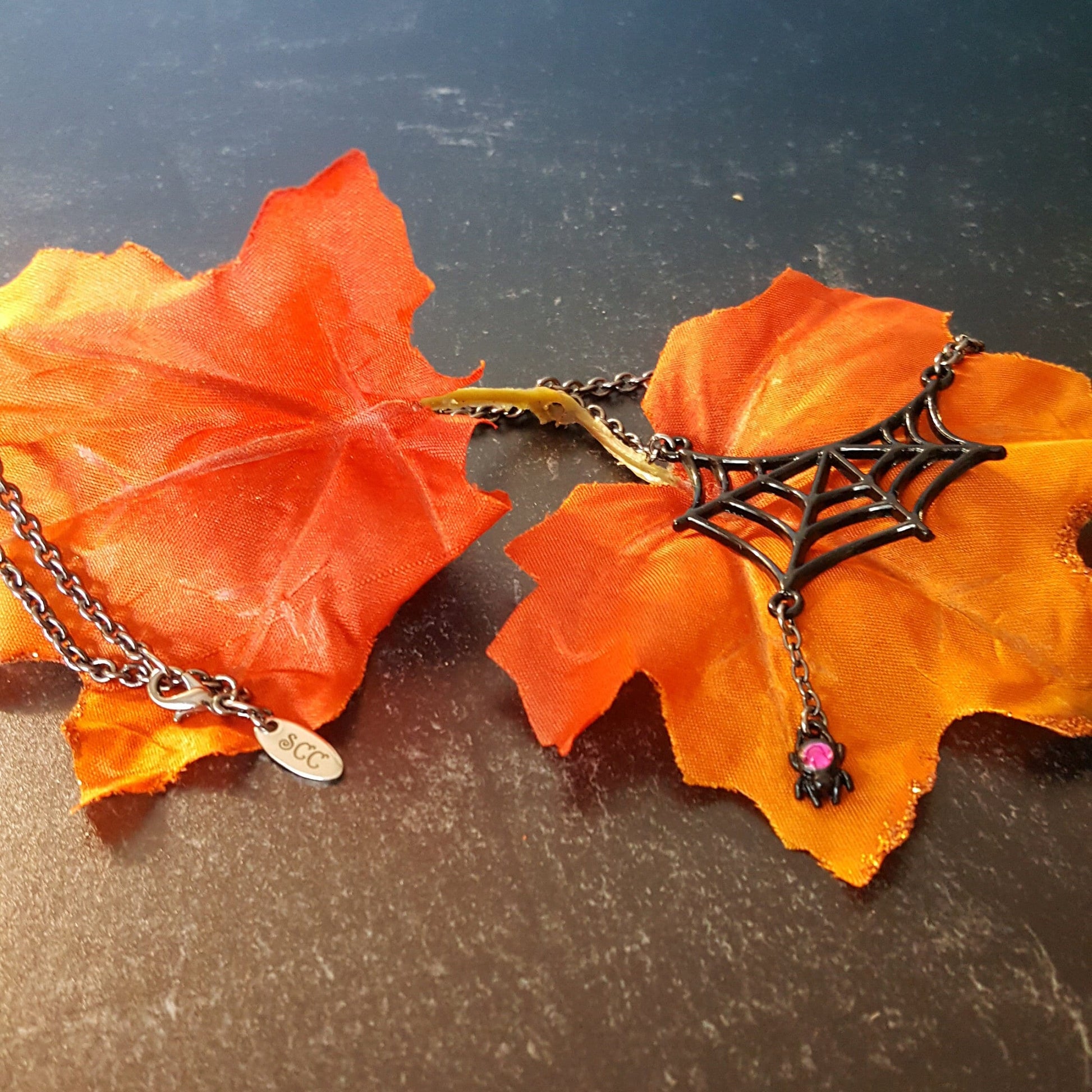 Gothic Spider Web Pendant - Pink Crystal Spider, Gunmetal Necklace