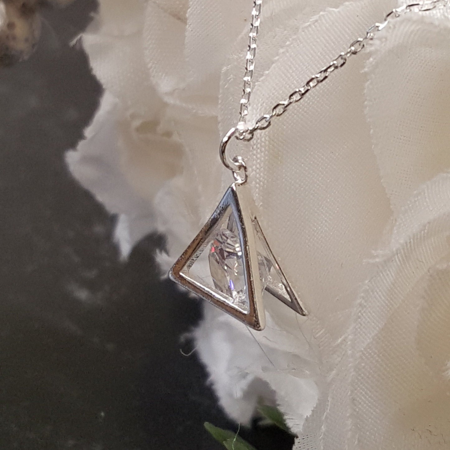 Cubic Zirconia Pyramid Necklace - Sterling Silver Dainty Pendant